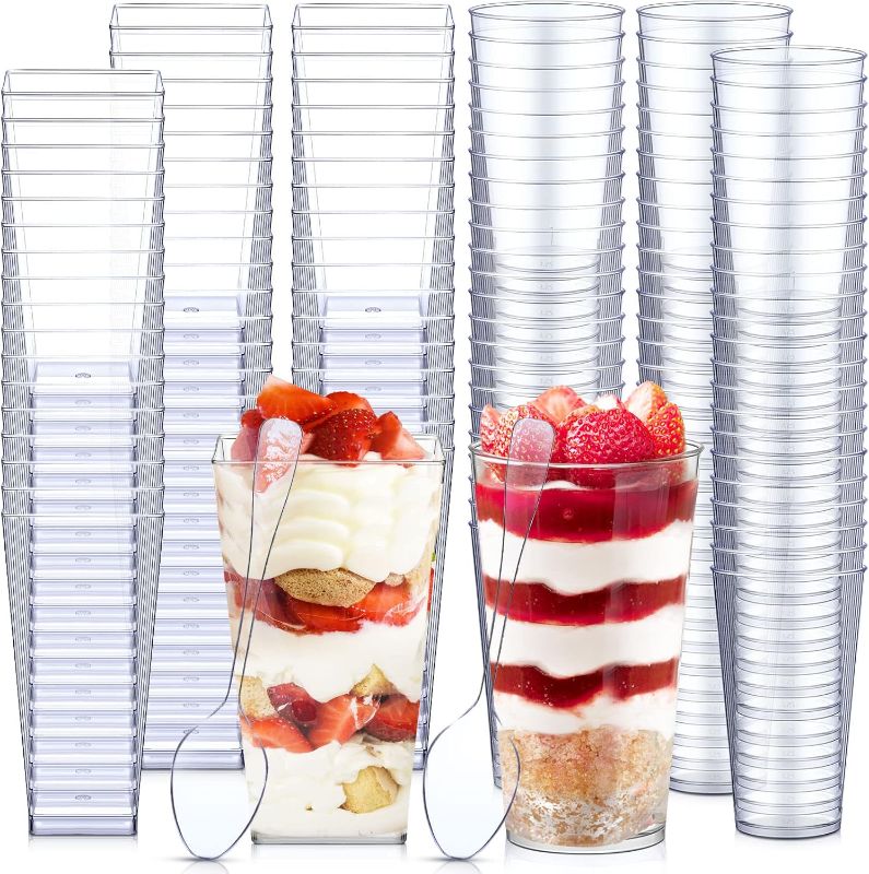 Photo 1 of 00 Set 3 oz Mini Dessert Cups with Spoons Round Clear Plastic Parfait Appetizer Cup Square Parfait Cups Disposable Shooter Cups Small Mousse Cups for Tasting Trifle Desserts Puddings, 2 Styl
