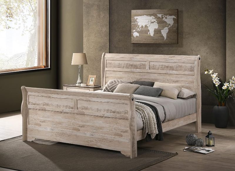 Photo 1 of ***PARTS ONLY***
Roundhill Furniture Imerland White-wash Finished Sleigh Bed, Queen