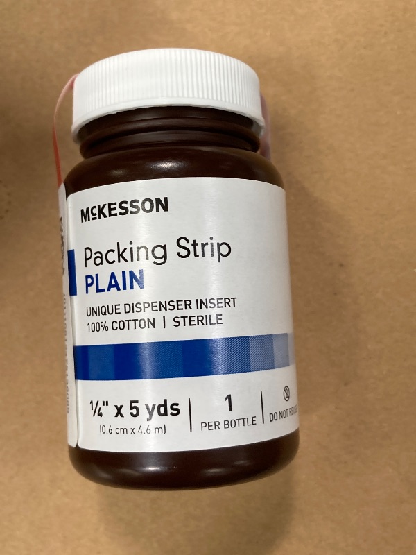 Photo 1 of McKesson Packing Strip, Sterile, Plain, 100% Cotton, 1/4 in x 5 yds per Bottle, 12 Count