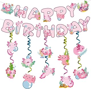 Photo 1 of Axolotl Happy Birthday Banner - 12PC Pink Birthday Decor Backdrop Sign Party Supplies Set Cute Animals Photo Background Supplies Hanging Swirls Decorations Girls Boys Women Men Children Kids