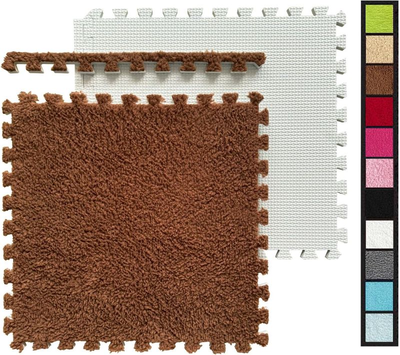 Photo 1 of 16 Pcs Shaggy Interlocking Foam Carpet Tiles - Coverage 4ft x 4ft, Kids Carpet Squares Protective Floor Mats Crawling Exercise Area Rugs for Children Room, Home or Classroom Use, Coffee
