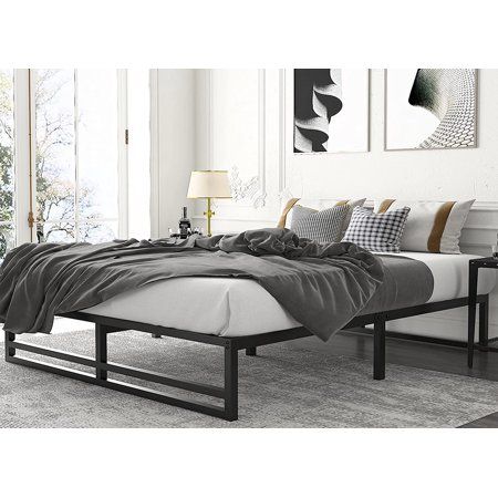Photo 1 of Amolife Queen Size Metal Platform Bed Frame with Solid Metal Slat Support Black
