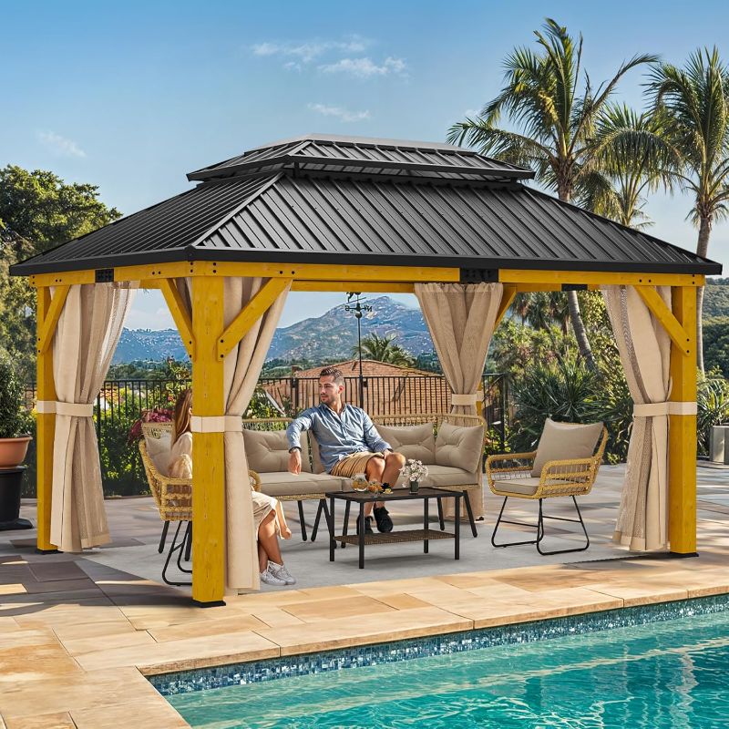 Photo 1 of +++SIMILAR DIFERENT COLOR+++4 BOXES+++++++YITAHOME 13x15ft Wood Gazebo Outdoor Wooden Frame Double Roof Hardtop Galvanized Steel Top Canopy w/Curtain and Netting, Patio Heavy Duty Gazebo for Deck, Backyard, Golden
