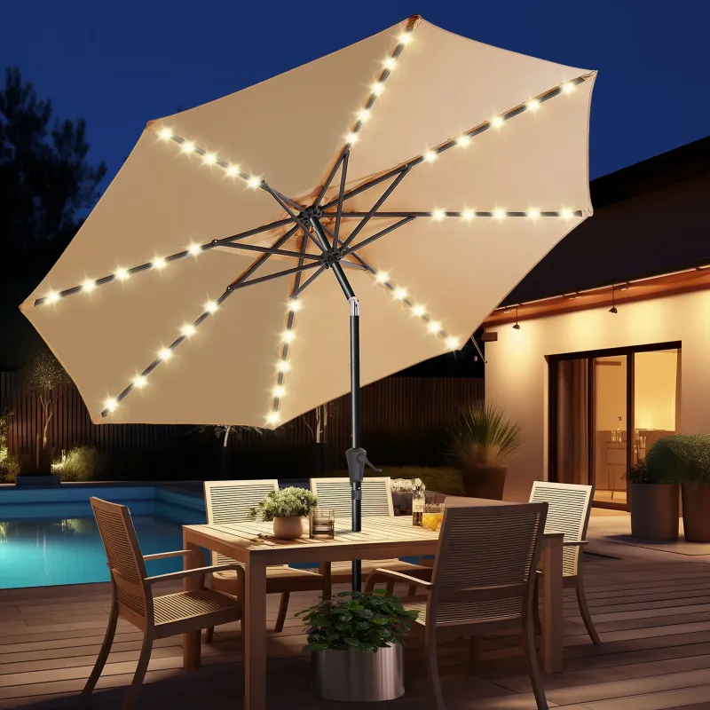 Photo 1 of 10ft Solar Polyester 32 LED Lighted Patio Umbrella with Tilt Adjustment and UV-Resistant Fabric,for Garden,Deck,Backyard,Pool and Beach
