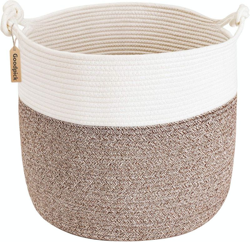 Photo 1 of Goodpick Woven Laundry Basket, 15 x 14.2 Inches Cotton Rope Basket for Blankets, Soft Blanket Storage Baskets with Handles for Living Room, Woven Toy Storage Organizer for Nursery, Brown