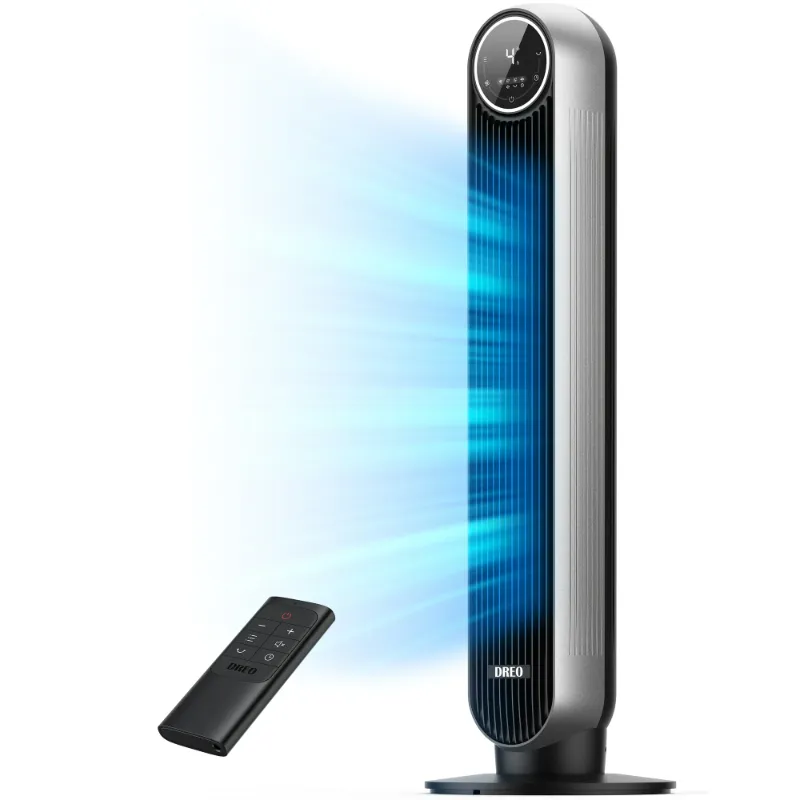 Photo 1 of Dreo Tower Fans for Home, 2024 New 90° Oscillating Standing Fans with Remote, 24 ft/s Velocity Quiet Bedroom Fan, 4 Speeds, 4Modes, 8H Timer, Bladeless Floor Fan, Black Silver
