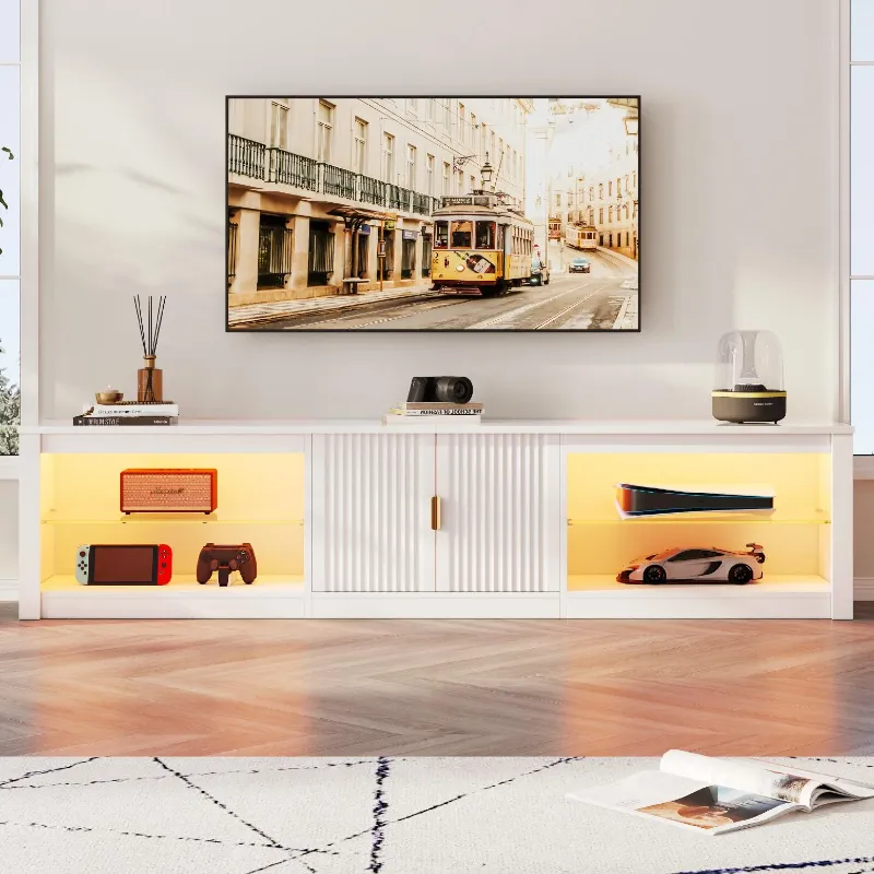 Photo 1 of Bestier 80 inch TV Stand for TVs up to 85", High Gloss Entertainment Center with LED Lights & Storage Cabinet, Modern Fluted TV Console, White **** PICTURE IS FOR REFERENCE ONLY ***