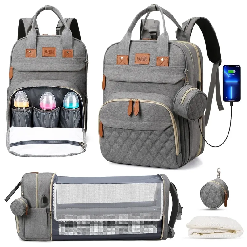 Photo 1 of Diaper Bag Backpack, Multifunction Diaper Bag Backpack with Changing Station, USB Charging Port & Foldable Crib, Large Capacity Travel Backpack w/Sunshade&Pacifier Case&Stroller Straps(Grey)