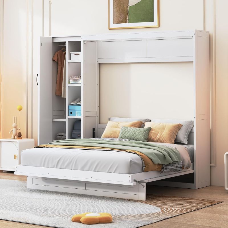 Photo 1 of ***PARTS ONLY/BOX 3 OF 3 ONLY/SIMILIAR TO PICTURE***Merax Queen Murphy Bed with Wardrobe, Murphy Bed Cabinet Queen with Storage Shelves and LED Lights, No Box Spring Needed, White
