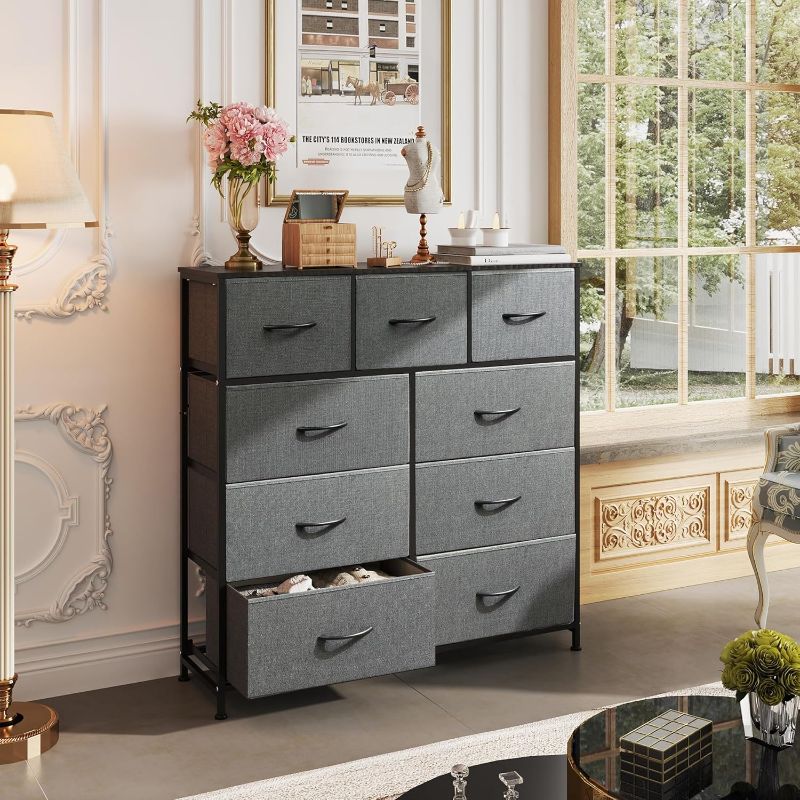 Photo 1 of ***MISSING 6 DRAWERS/PARTS ONLY**WLIVE 9-Drawer Dresser, Fabric Storage Tower for Bedroom, Hallway, Entryway, Closet, Tall Chest Organizer Unit with Fabric Bins, Steel Frame, Wood Top, Easy Pull Handle, Dark Grey