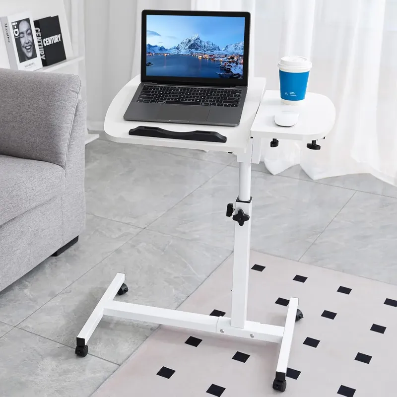 Photo 1 of Adjustable Overbed Table with Wheels, Tilting Desktop, Rolling Laptop Desk for Bed, Sofa, or Hospital Use, Mobile Standing Desk for Laptop, Notebook, and Meals (White)
