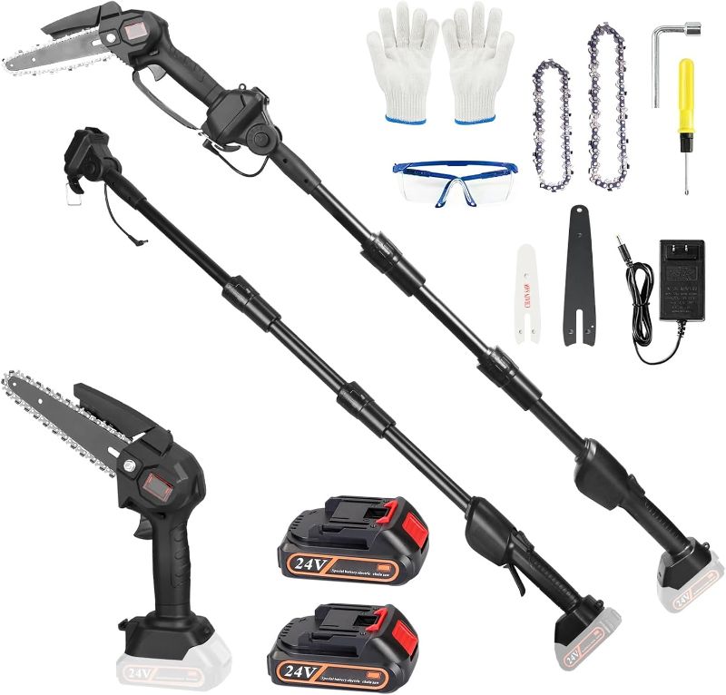 Photo 1 of 2-in-1 Cordless Pole Saw, Cordless Chain Saw, 33Ft/s Battery Pole Saw with 2Pcs 1500mAh Batteries 4in/6in Chains, 13ft Reach Electric PoleSaw, Comes with 3 extension rods, for Tree Trimming
I’m 