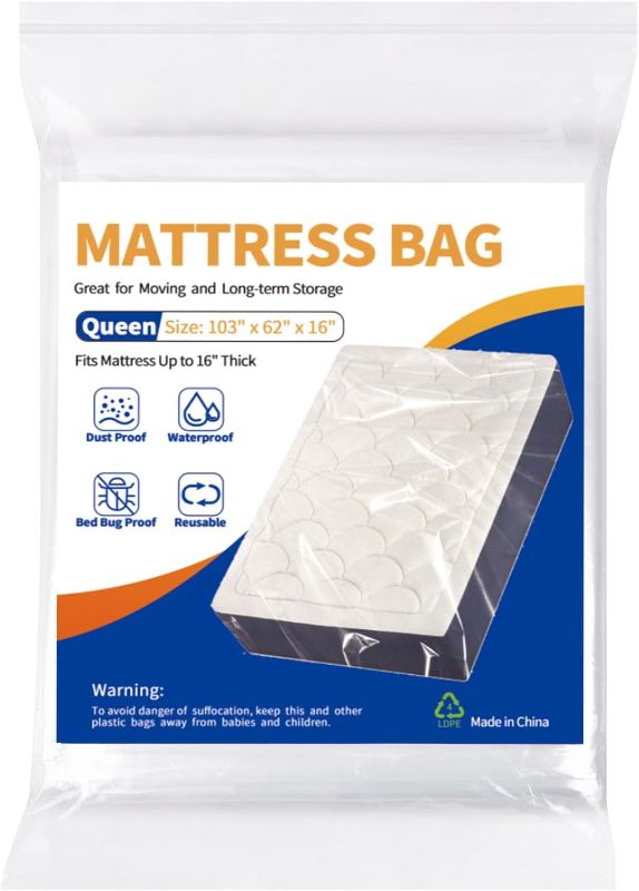 Photo 1 of 
4.4
4.4 out of 5 stars
(29)
Plastic Mattress Bag for Moving Storage, Waterproof Mattress Cover, Mattress Protector for Moving Supplies (Queen)
