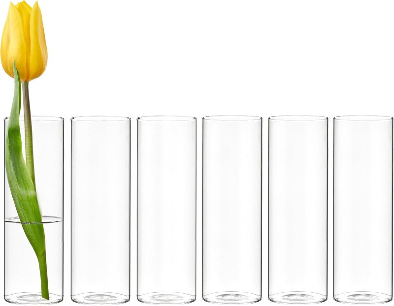 Photo 1 of  Glass Cylinder Bud Vases Set of 6 Clear Mini Small Flower Vases Wedding Centerpiece Table Decorations Event Party Home Décor Floral Arrangement APPROX 8 INCHES HIGH
