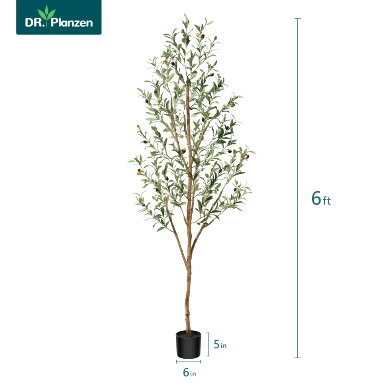 Photo 1 of 6 ft Artificial Olive Plants with Realistic Leaves and Natural Trunk, Silk Fake Potted Tree with Wood Branches and Fruits, Faux Olive Tree for Office Home Decor
