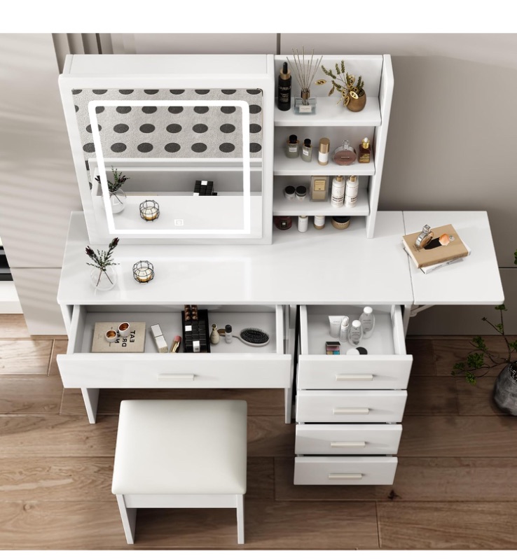 Photo 1 of 43inch Vanity Makeup with Fold-Up Panel,Makeup Table with 3 Adjustable Lighted Mirror,Vanity with Lights for Bedroom White