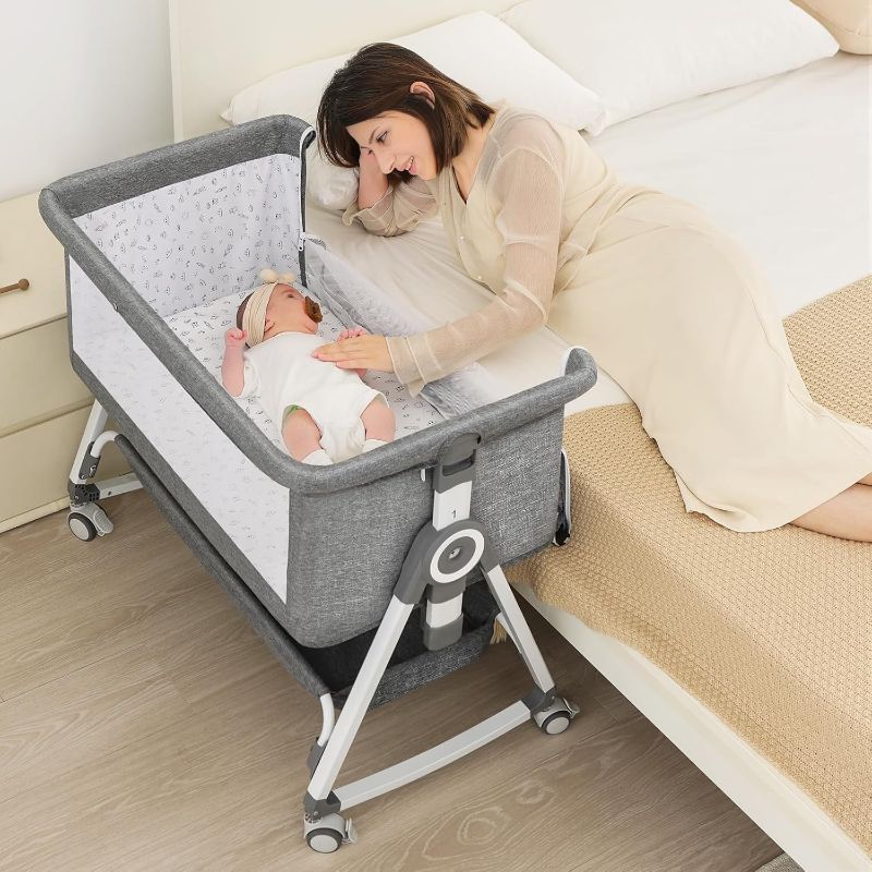Photo 1 of 4-in-1 Baby Bassinet Bedside Sleeper for Newborns - Baby Rocking with 6 Adjustable Heights and 360° Locking Wheels | Portable Infant Crib with Storage Basket and Mosquito Net | Breathable Mesh
