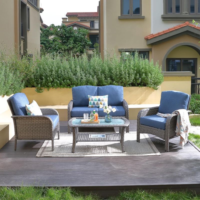 Photo 1 of ***(PARTIAL SET -SELLING AS IS INCOMPLETE)***
 Wicker Patio Conversation Seating Set with Blue Cushions  ***(BOX RIPPED /TORN)*** 
