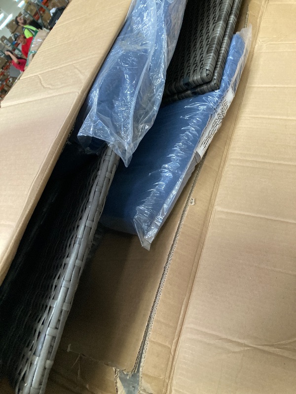 Photo 1 of ***(PARTIAL SET -SELLING AS IS INCOMPLETE)***
 Wicker Patio Conversation Seating Set with Blue Cushions  ***(BOX RIPPED /TORN)*** 
