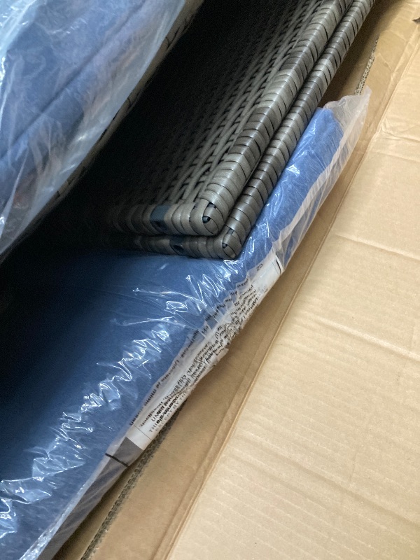 Photo 1 of ***(PARTIAL SET -SELLING AS IS INCOMPLETE)***
 Wicker Patio Conversation Seating Set with Blue Cushions  ***(BOX RIPPED /TORN)*** 
