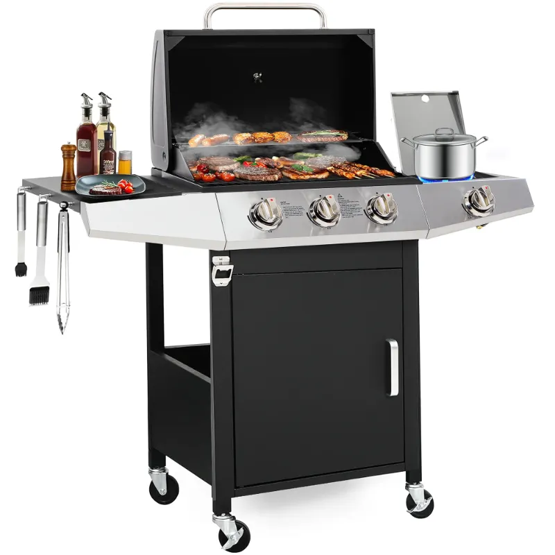Photo 1 of **NO DIRECTIONS**Grill, Seizeen Gas Grill with Side Burner, 40,000BTU 3-Burner Propane Grill w/Storage Cabinet, Steel Brush, Stainless Steel Camping BBQ for Backyard Patio, Portable Design on Wheels
