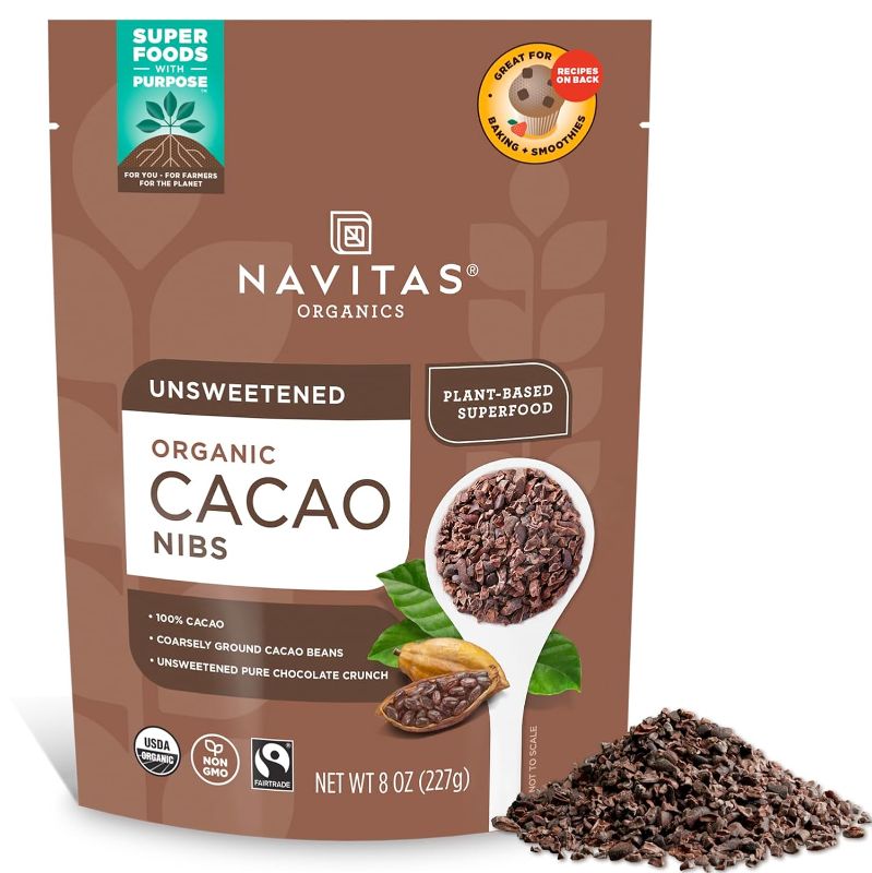 Photo 1 of **BB 4/26**Navitas Organics Cacao Nibs – Unsweetened Dark Chocolate Crunch – Antioxidants, Minerals, Fiber – For Trail Mix, Baking & More – USDA Organic, Fairtrade, Non GMO, Gluten Free, Non-alkalized (8oz. Bag 76 Servings)