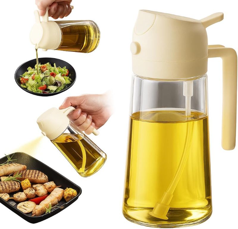 Photo 1 of **NEEDS CLEANING**2 in 1 Olive Oil Sprayer & Dispenser Bottle – 470ml/16oz Glass Spray and Pour Oil Bottle for Cooking, Air Fryer, Salad, BBQ – Kitchen Gadgets & Accessories BEIGE