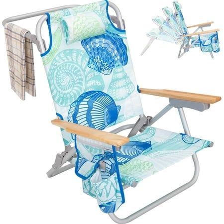 Photo 1 of #WEJOY Low Beach Chair Backpack Beach Chair 4-Position Reclining Lawn Chairs with Wooden Arms and Cooler Pouch Foldable Camping Chair Max Load 265
