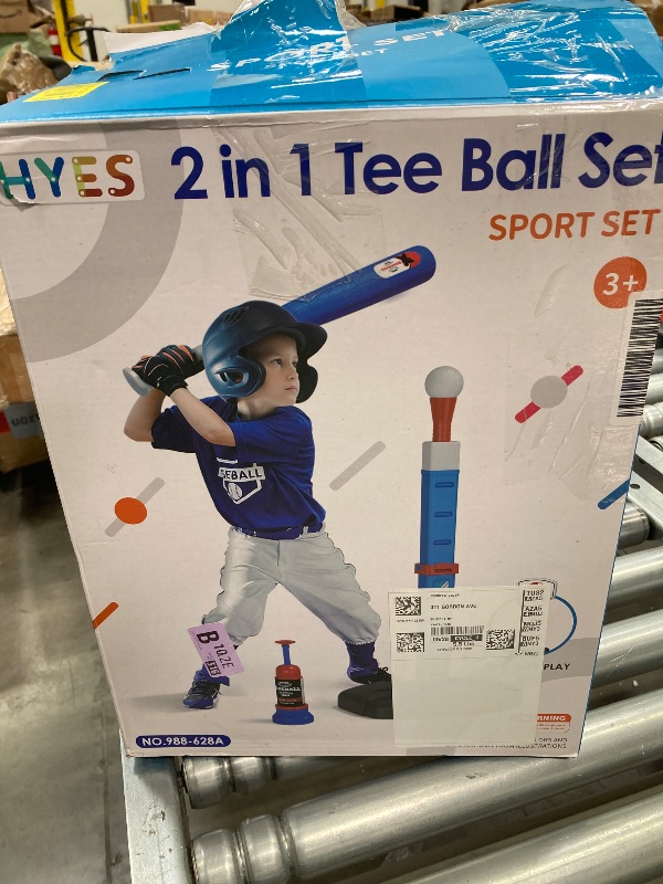 Photo 1 of ***OPEN BOX MISSING PARTS***  HYES 2 in 1 Kids Basketball Hoop and T Ball Set - Adjustable Height, Kids Baseball Tee with Automatic Pitching Machine, Indoor Outdoor Sport Toys Gifts for Toddler Boys Girls Age 1-5, Blue