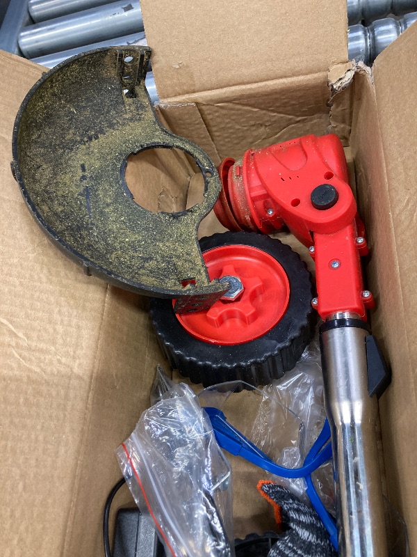 Photo 1 of *** very used and dirty, please see the second photo***TNTANTS Electric Weed Wacker, Cordless String Trimmer with Wheels, 2Pcs 24V Batteries, 3 Types of Blades, Adjustable Length, Weed Eater Grass Trimmer/Edger/Brush Cutter for Lawn Yard Garden (Red)