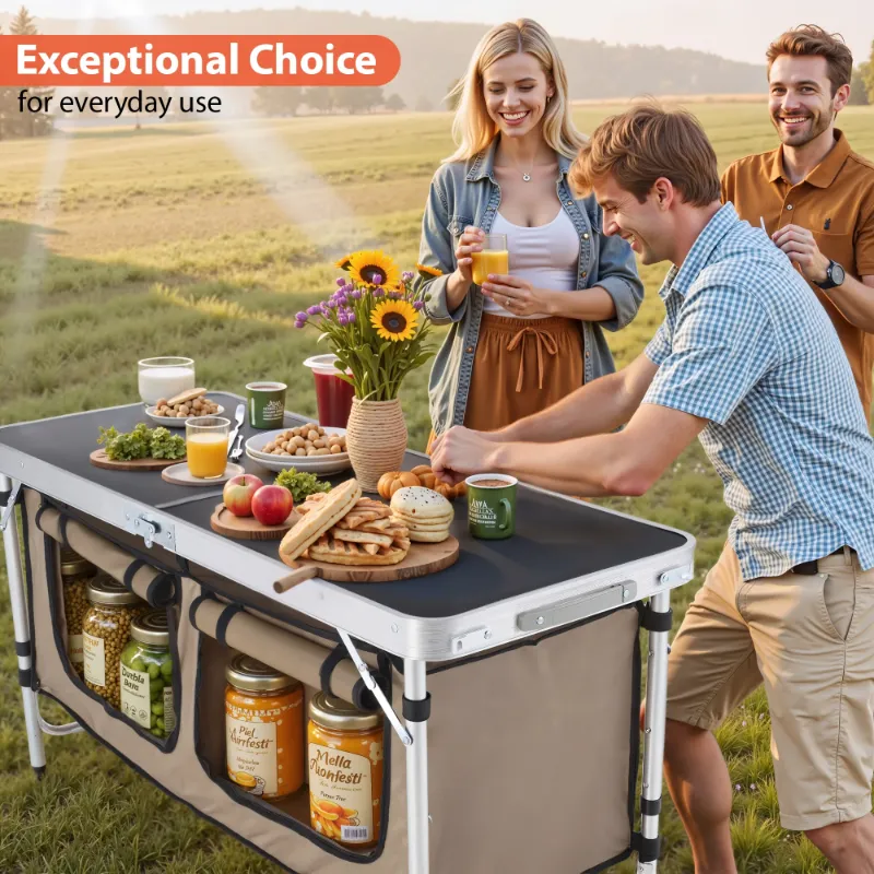 Photo 1 of **used***Vecukty Portable Camping Table Set - Aluminum Kitchen Station w/ Storage, Adjustable Feet & Trash Can, brown