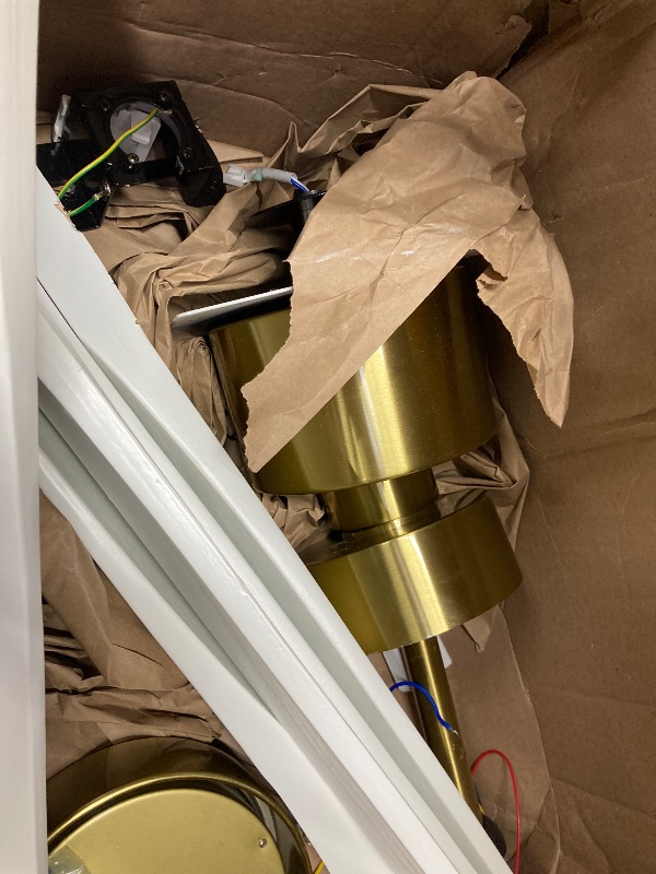 Photo 1 of ****used****WINGBO 54 Inch DC Ceiling Fan with Lights and Remote Control, 5 Reversible Carved Wood Blades, 6-Speed DC Motor, Modern Ceiling Fan in Brass Finish with White Blades, ETL Listed