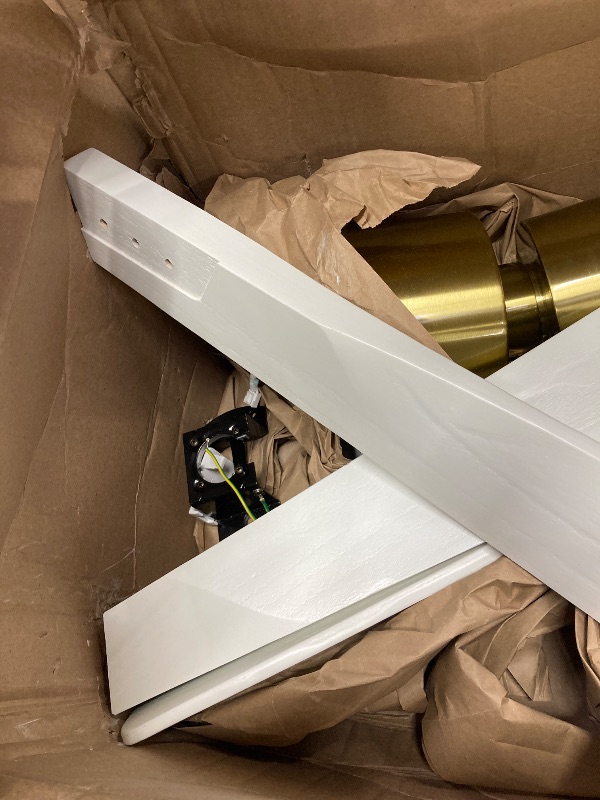 Photo 1 of ****used****WINGBO 54 Inch DC Ceiling Fan with Lights and Remote Control, 5 Reversible Carved Wood Blades, 6-Speed DC Motor, Modern Ceiling Fan in Brass Finish with White Blades, ETL Listed