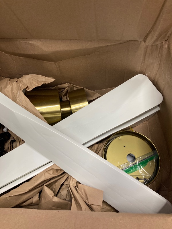 Photo 1 of ****used****WINGBO 54 Inch DC Ceiling Fan with Lights and Remote Control, 5 Reversible Carved Wood Blades, 6-Speed DC Motor, Modern Ceiling Fan in Brass Finish with White Blades, ETL Listed