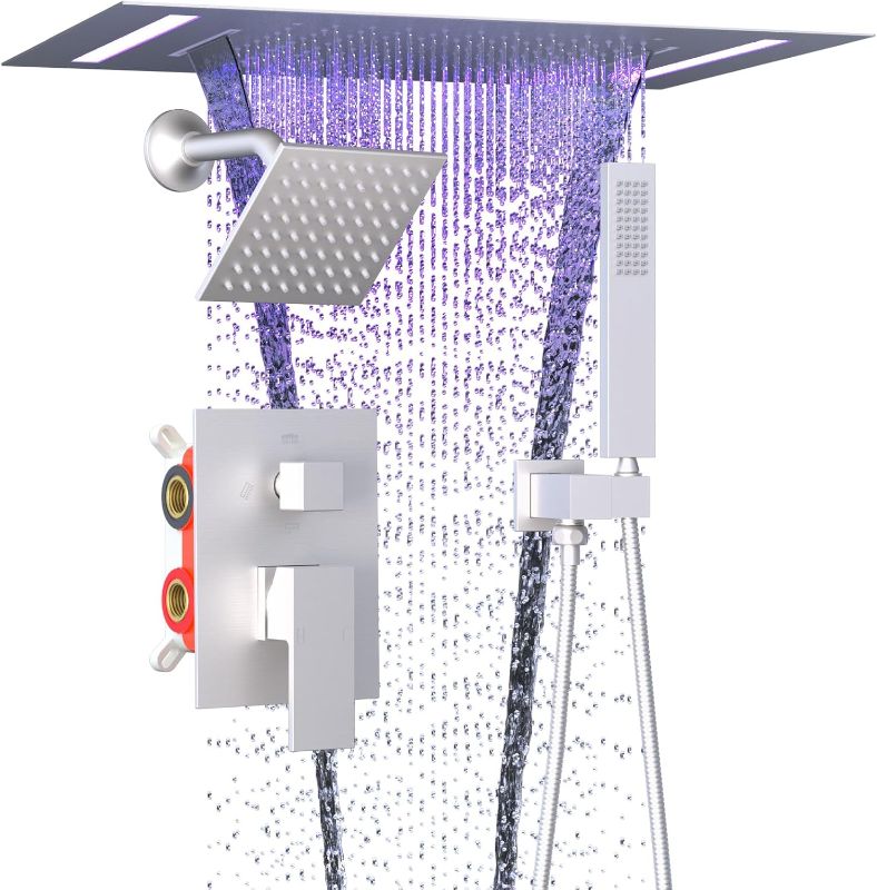 Photo 1 of **MISSING DIVERTER***ENGA Dual Rain Shower Head System, 2 In 1 Functions Ceiling Mount 14x20inch LED Shower Head with 6 Inch Shower Head, Rainfall Waterfall Shower Faucet Set, Brushed Nickel