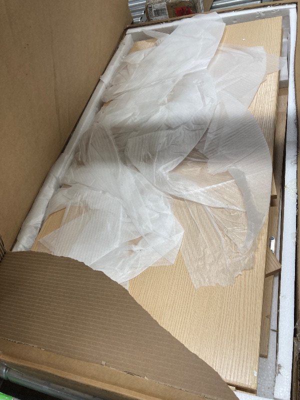 Photo 1 of ***used + minor damage ***Flash Furniture Dell Trash Can Enclosure with Tray Shelf and 8" Drop Hole, Commercial Grade Trash Receptacle for 32 Gallon Round Cans, Swing Door Access, Oak