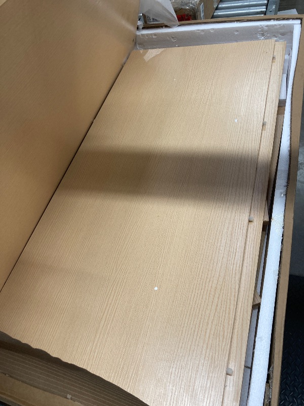 Photo 1 of ***used + minor damage ***Flash Furniture Dell Trash Can Enclosure with Tray Shelf and 8" Drop Hole, Commercial Grade Trash Receptacle for 32 Gallon Round Cans, Swing Door Access, Oak