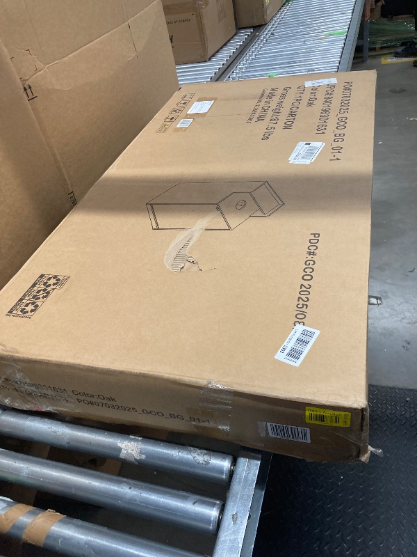 Photo 1 of ***used + minor damage ***Flash Furniture Dell Trash Can Enclosure with Tray Shelf and 8" Drop Hole, Commercial Grade Trash Receptacle for 32 Gallon Round Cans, Swing Door Access, Oak