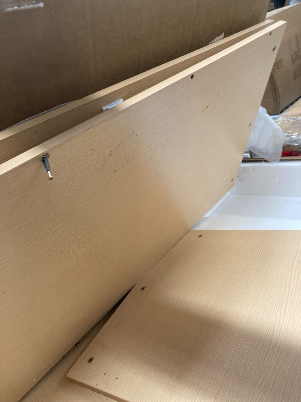 Photo 1 of ***used + minor damage ***Flash Furniture Dell Trash Can Enclosure with Tray Shelf and 8" Drop Hole, Commercial Grade Trash Receptacle for 32 Gallon Round Cans, Swing Door Access, Oak