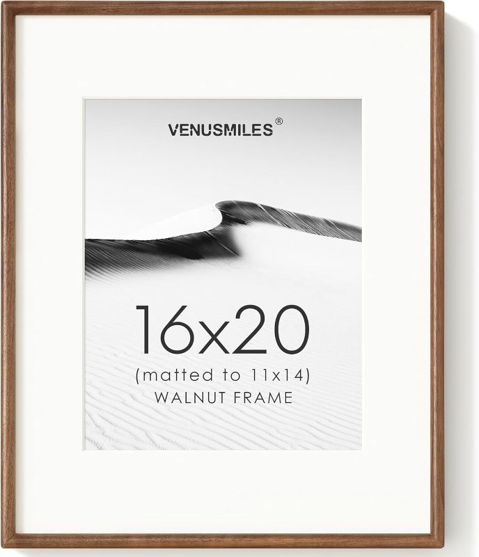 Photo 1 of 16x20 Picture Frame with 11x14 Mat, USA-Sourced Natural Walnut Wood Photo Collage Frame with HD Tempered Glass, Double Mortise and Tenon Strips, Wall Display Horizontally and Vertically, 1 Pack
