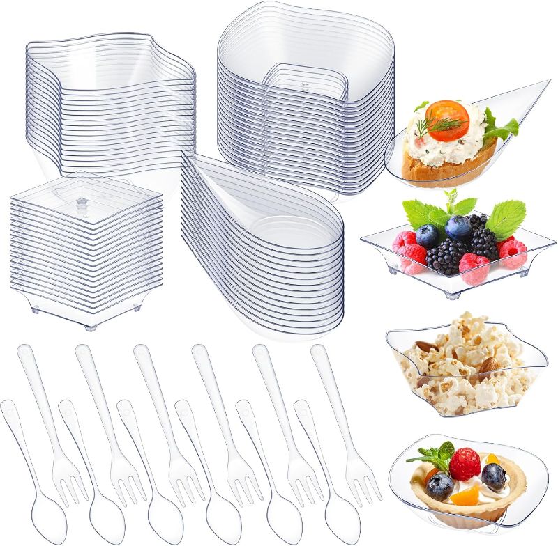 Photo 1 of **NOT IN ORIGINAL PACKAGE**Tessco 200 Pcs Mini Appetizer Plates with Spoons Forks Disposable Mini Dessert Plates Plastic Appetizer Bowls Tiny Individual Serving Trays for Party(Clear,Classic)