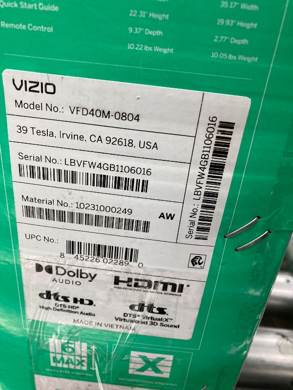 Photo 1 of **PARTS ONLY** VIZIO 40-inch Full HD 1080p Smart TV with DTS Virtual: X, Alexa Compatibility, Google Cast Built-in, Bluetooth Headphone Capable, (VFD40M-08 New)