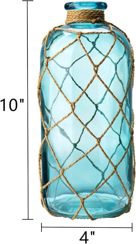 Photo 1 of 
Diamond Star Rustic Glass Bottle Vase Decorative Blue Flower Vase with Creative Rope Net (Large)