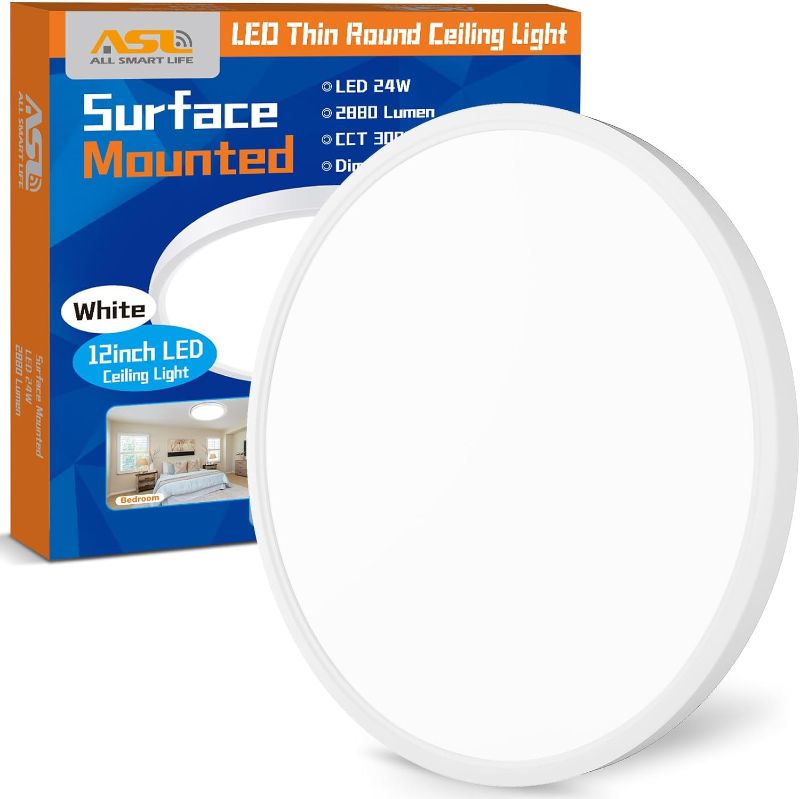 Photo 1 of 12 Inch Flush Mount LED Ceiling Light Fixture, 24W 2640LM Super Bright 5CCT in One (2700K-6500K), Low Profile Ceiling Flat Fixtures for Bedroom Hallway Kitchen Basement, White