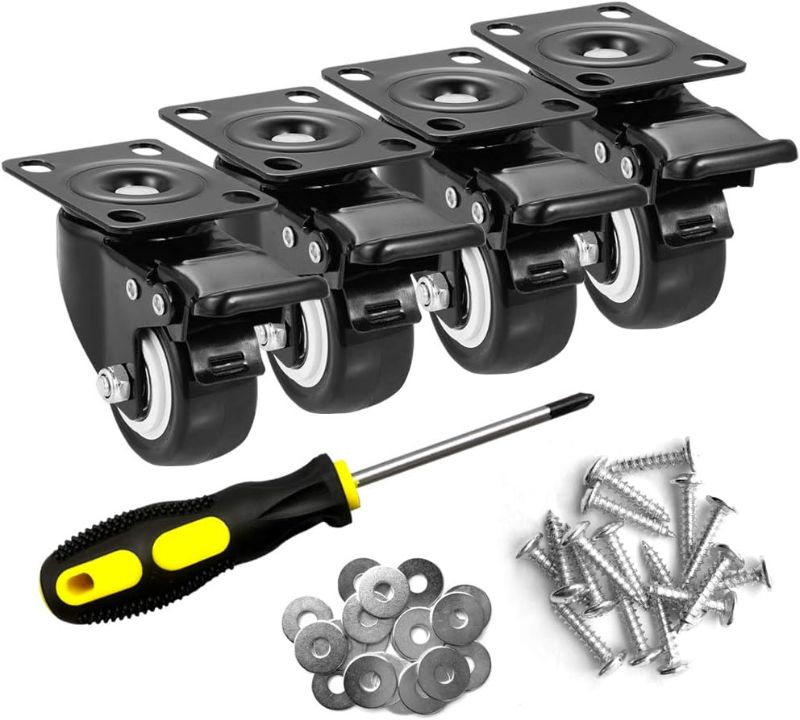 Photo 1 of 2" Caster Wheels Set of 4, Heavy Duty Casters with Brake, No Noise Locking Polyurethane (PU) Wheels, Swivel Plate Castors Pack 4
