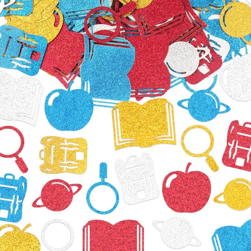 Photo 1 of 200 Pieces Back to School Confetti Blue Red Gold Silver Book Apple Backpack Star Confetti School Theme Glitter Paper Confetti for First Day of School Teacher Appreciation Gifts Table Favor Decorations