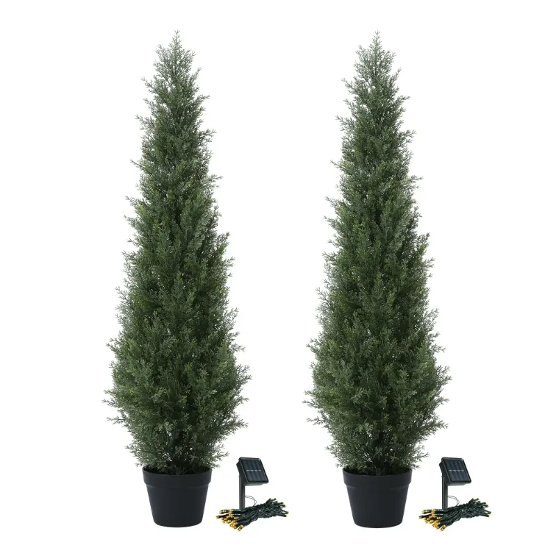 Photo 1 of 2 Pack 4ft Artificial Cedar Topiary Trees for Outdoors, Fake Cypress Plants with Solar Light String, Faux uv resistant Plants for Home Front Porch Decor, Housewarming Gift
