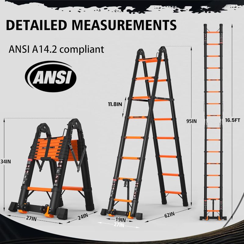 Photo 1 of 16.5 FT Telescoping A Frame Ladder, 8 Step, ANSI Certified, Type I Heavy Duty, 330lbs Max Capacity, Aluminum Extension Ladder for Home, Roof, RV; Orange