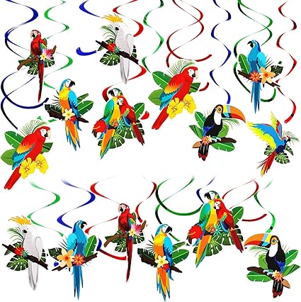 Photo 1 of **the photo is a reference**Crtiin 30 Tropical Birds Party Supplies Tropical Hawaiian Decorations Toucan Parrot Hanging Swirl Foil Ceiling Decor for Summer Luau Hawaiian Beach Pool Wedding Birthday Party Supplies