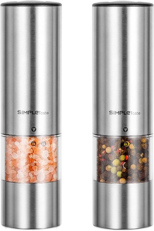 Photo 1 of **NEEDS CLEANING/NO BOX**SIMPLETASTE Electric Salt and Pepper Grinder Set, Automatic One Handed,Stainless Grinders with Lights and Adjustable Coarseness,Battery Operated